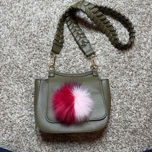 Anthropologie Jules Kae Zoey Olive Green Crossbody Bag Red & Pink Pom